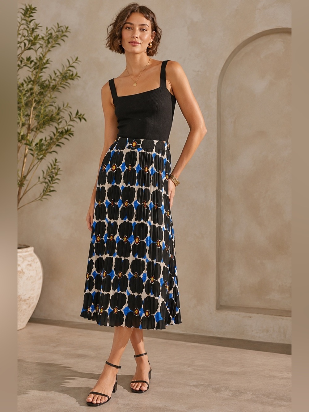 Compania Fantastica Pleated Floral Print Midi Skirt Black Blue Size Small
